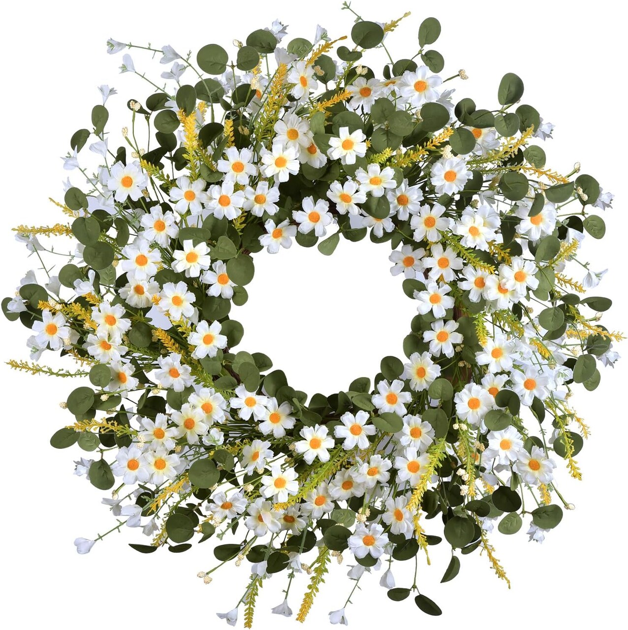 24 Inch Artificial Daisy Flower Summer Wreath with Eucalyptus Green Leaves Farmhouse Wreath for Front Door Wall Home Party Decoration